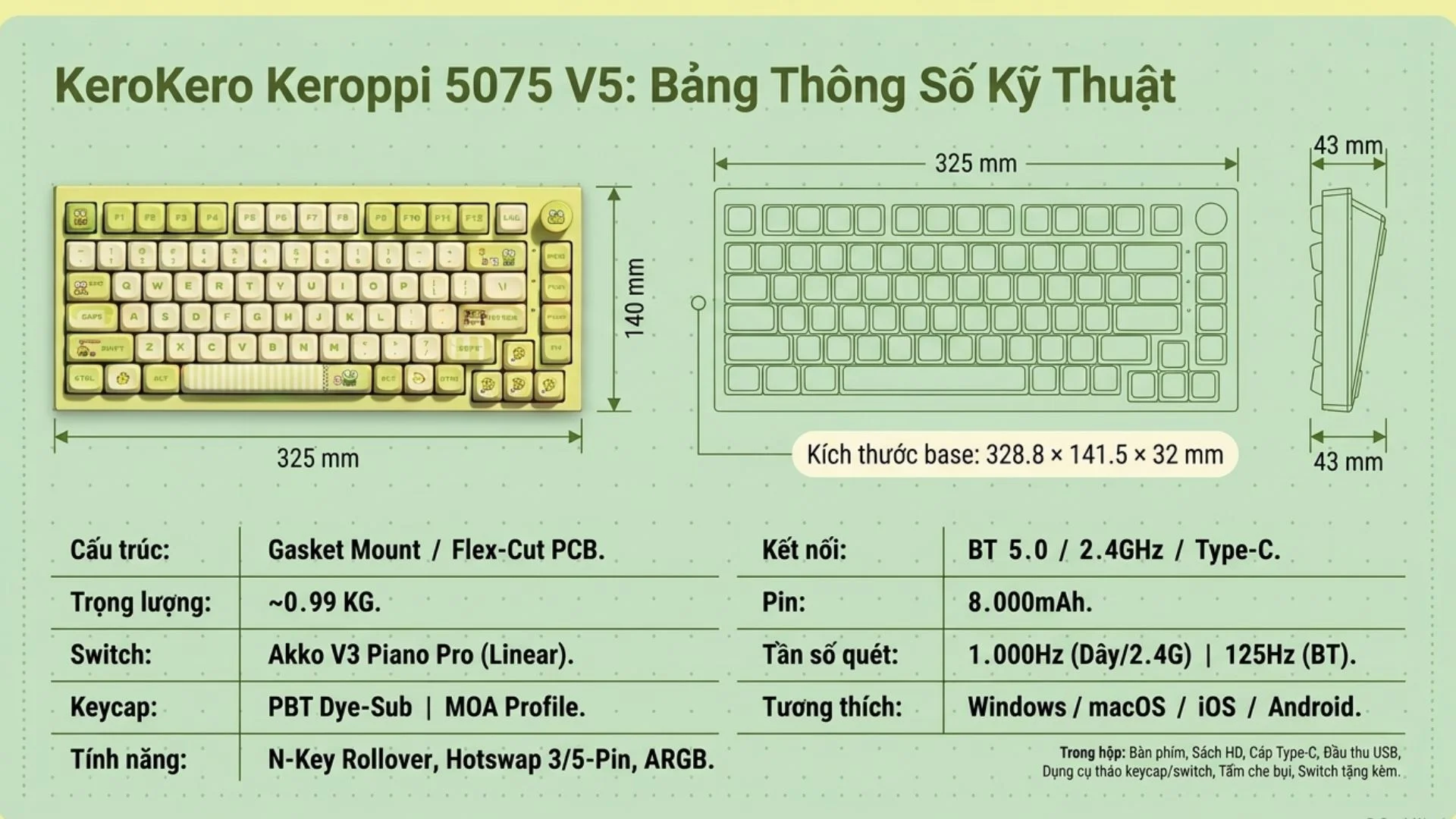 Bàn phím cơ AKKO 5075 V5 KeroKero Keroppi