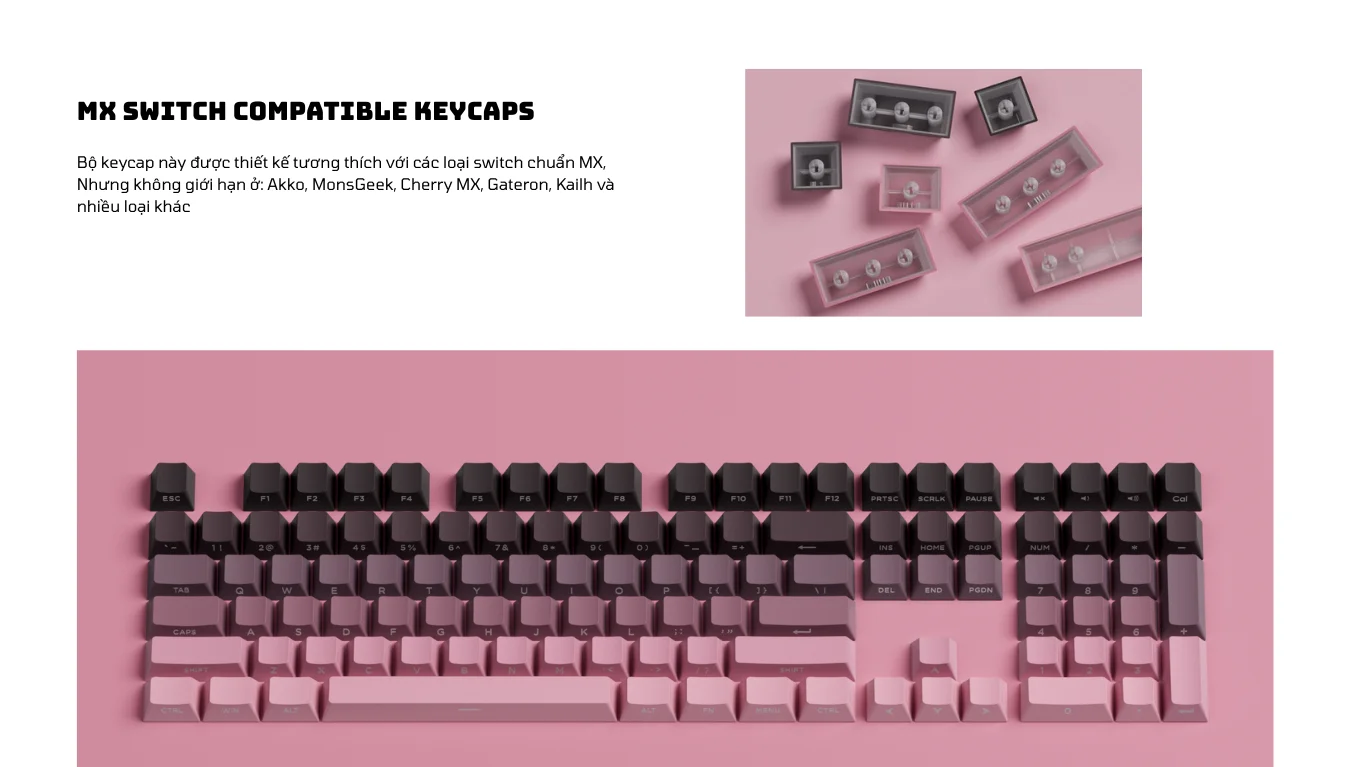 Veekos Black & Pink Gradient Keycaps (PBT Double-Shot / Cherry profile / 135 nút)