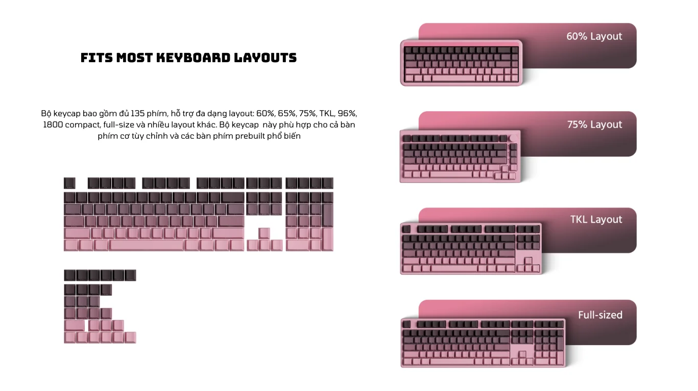 Veekos Black & Pink Gradient Keycaps (PBT Double-Shot / Cherry profile / 135 nút)