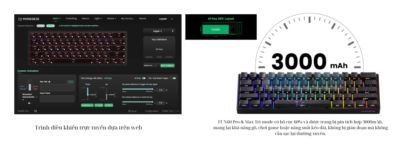 Bàn phím cơ MonsGeek FUN60 Pro SP White Akko Glare Magnetic Switches Tri-Mode ( Dây/USB/Bluetooth)