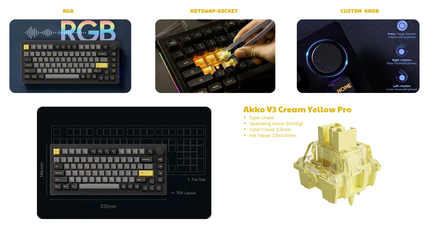 Bàn phím cơ AKKO 5075B Plus Black & Gold (Hotswap/RGB/Multi-modes)
