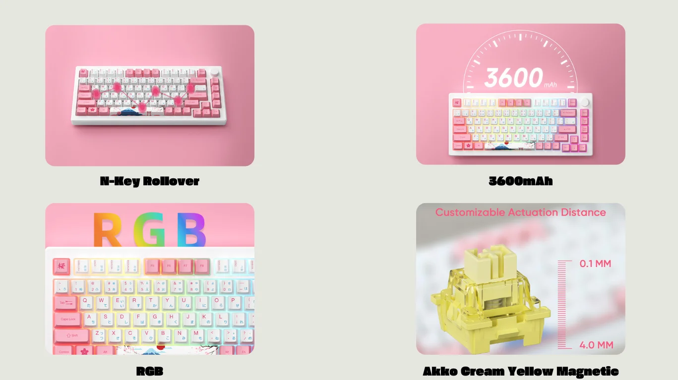 Tặng kèm dây cáp - Bàn phím AKKO MOD007B-HE PC Tokyo Sakura Pink Magnetic Switch