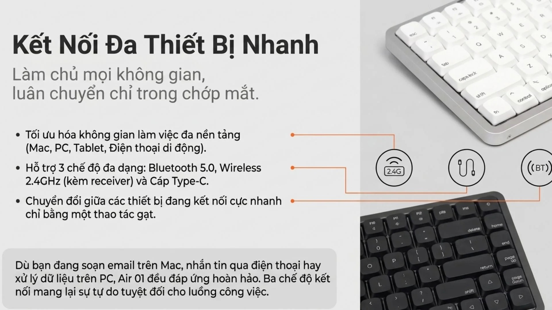 Bàn phím cơ AKKO Air 01 Ink Black (Khung nhôm/ Hotswap/Bluetooth5.0-2.4GHz-USB TypeC)