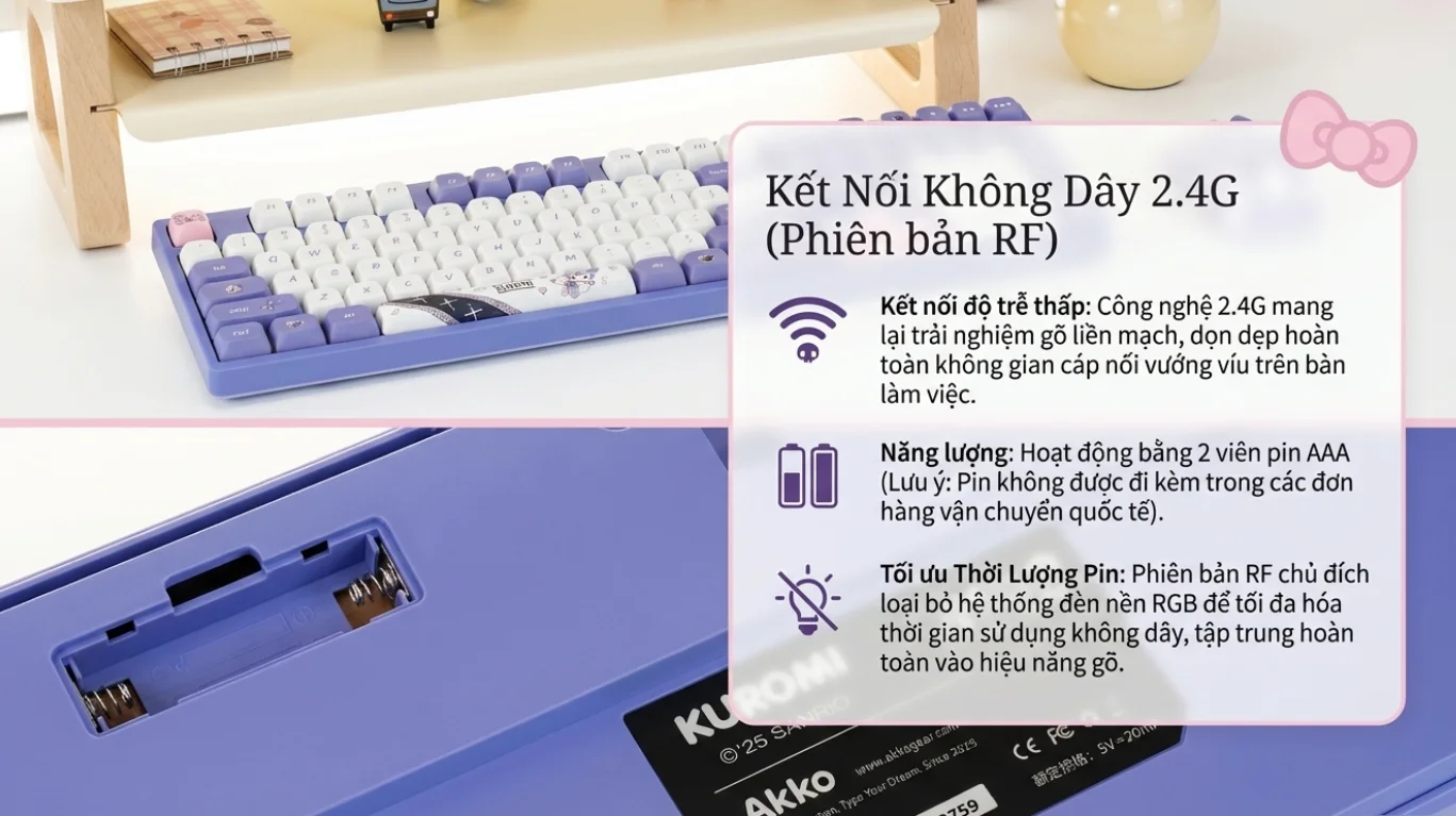 Bàn phím AKKO 3108RF V3 Kuromi (Hotswap/USB Type-C/Wireless/No Led)