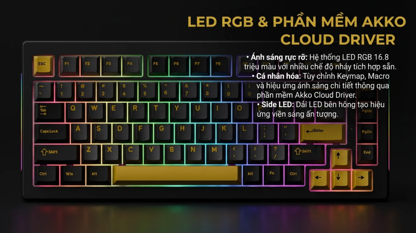 Bàn phím cơ AKKO 5075 V3 Black&Gold (USB Type-C, 2.4G / Bluetooth - Mạch Xuôi)