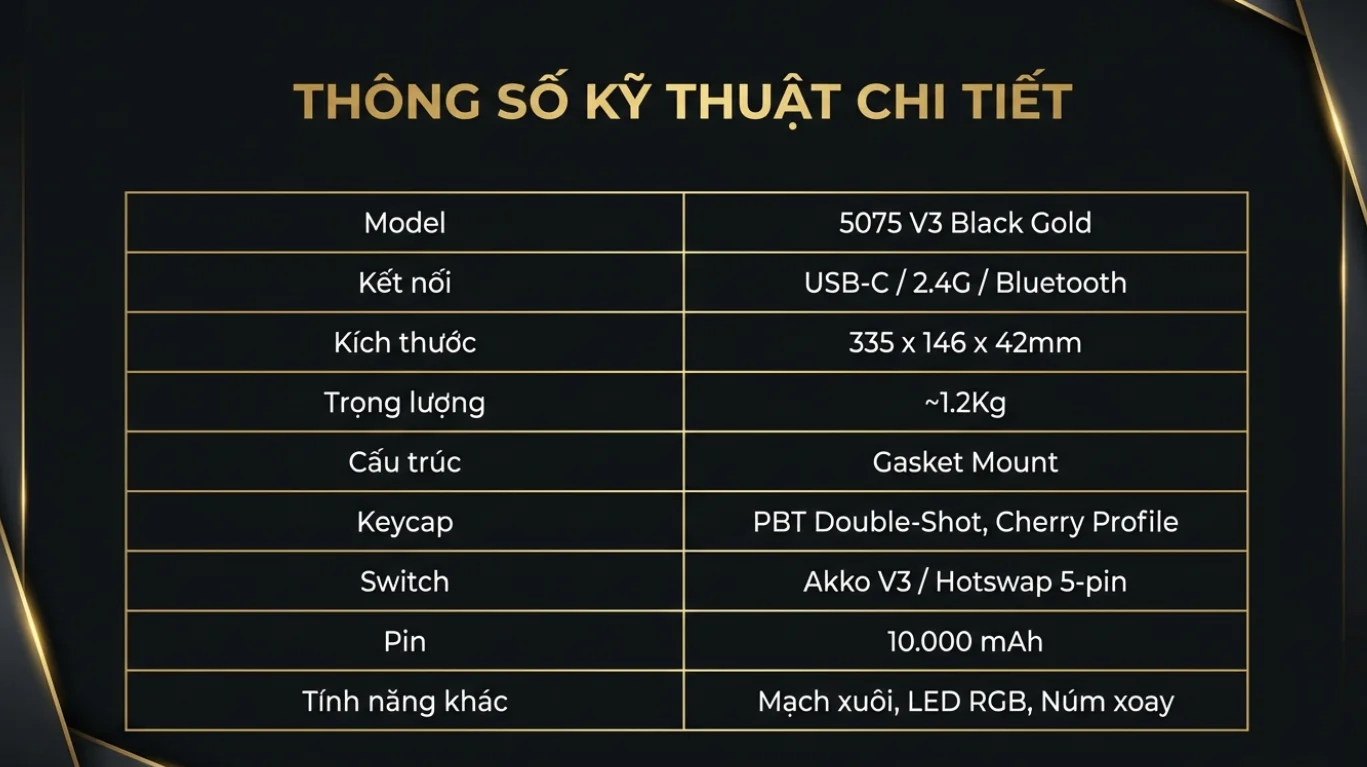 Bàn phím cơ AKKO 5075 V3 Black&Gold (USB Type-C, 2.4G / Bluetooth - Mạch Xuôi)