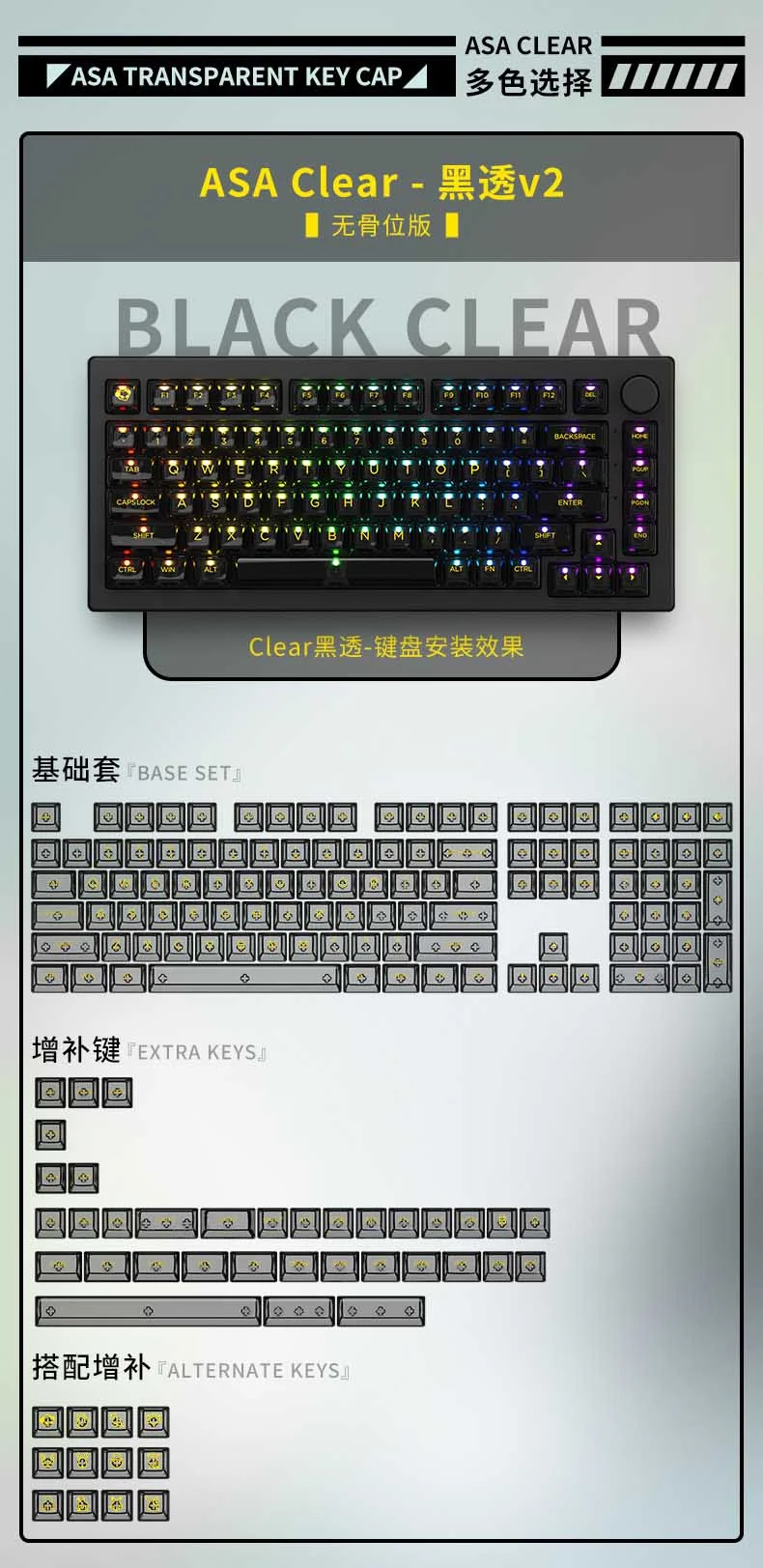 AKKO Clear Keycaps Set v2 – Black (PC / ASA profile / 155 nút)