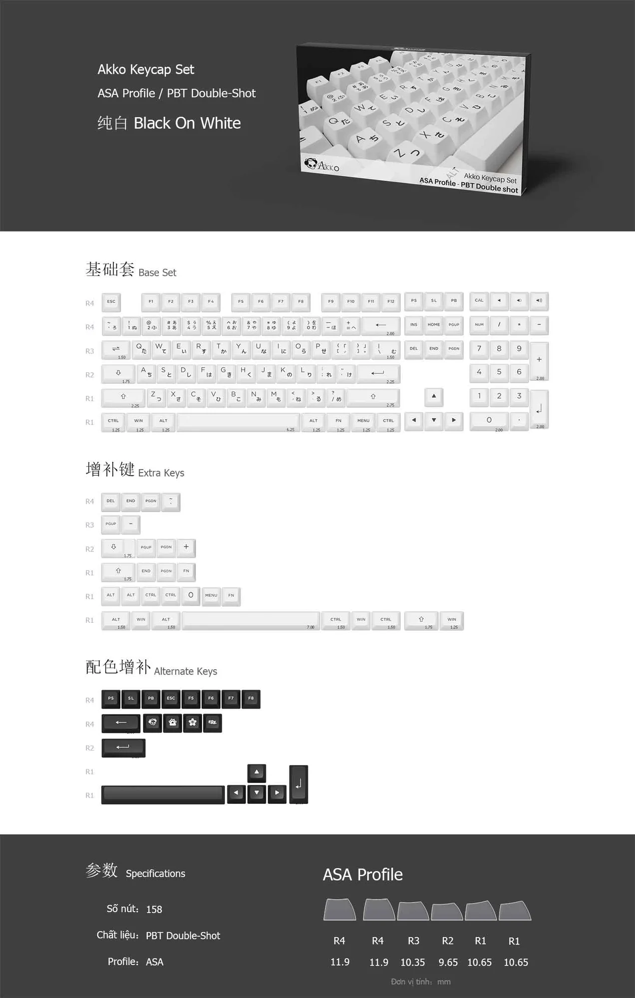 AKKO Keycap set – Black on White BoW (PBT Double-Shot/ASA profile/158 nút)