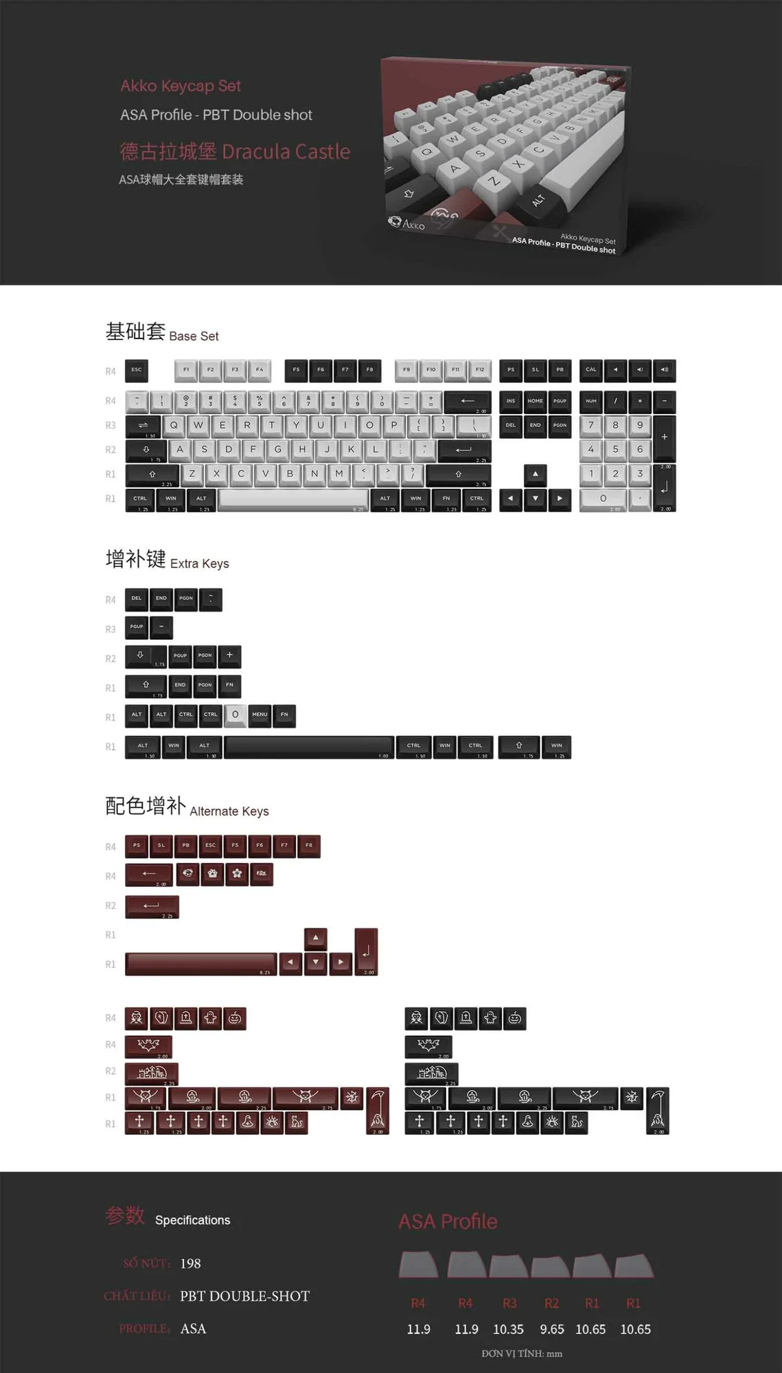 AKKO Keycap set – Dracula Castle (PBT Double-Shot/ASA profile/198 nút)