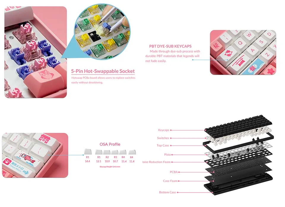 Bàn phím cơ AKKO 3068B Plus World Tour Tokyo R2 (Bluetooth 5.0 / Wireless 2.4Ghz / Hotswap / Foam tiêu âm / AKKO CS Jelly Pink)