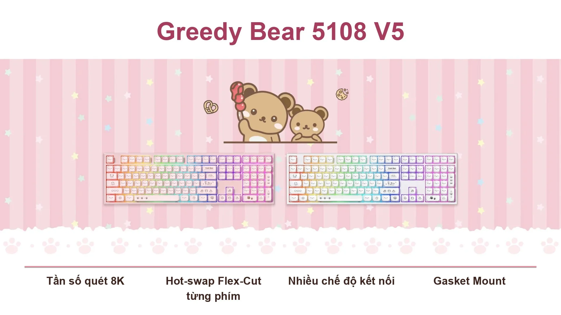 Bàn phím cơ AKKO 5108 V5 Greedy Bear – Pink