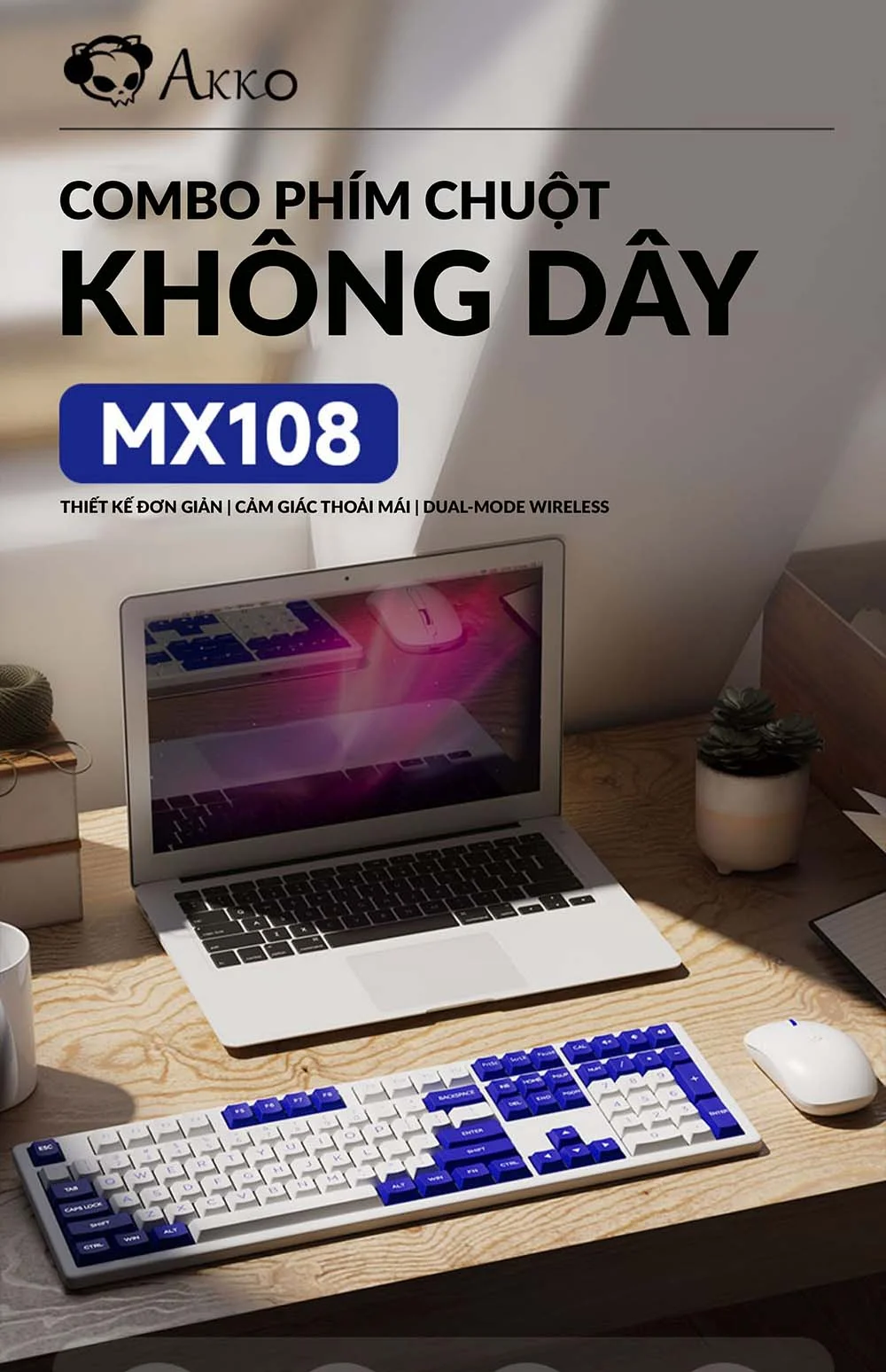 Phím chuột không dây AKKO MX108 (Bluetooth – 2.4Ghz – Black & Cyan / Blue on White)