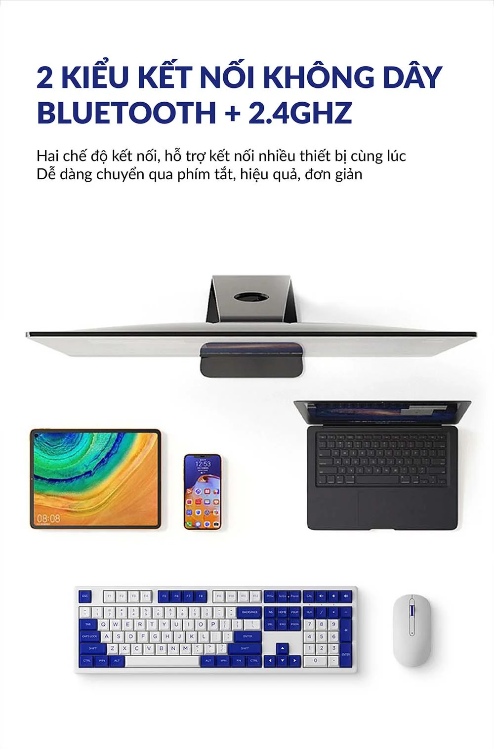 Phím chuột không dây AKKO MX108 (Bluetooth – 2.4Ghz – Black & Cyan / Blue on White)